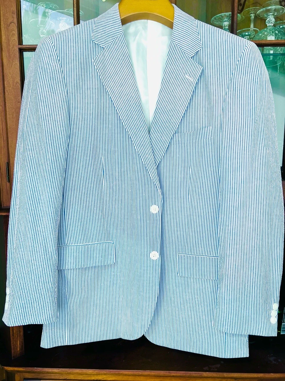 100% Cotton Alan Flusser Blue & White Striped Seersucker Sport Coat